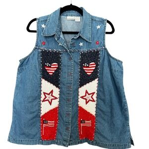 Vintage Americana Patriotic Denim Vest Top 18/20W Stars Hearts Fashion Bug